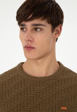 Erkek Slim Fit Bisiklet Yaka Haki Kazak - 50297050048