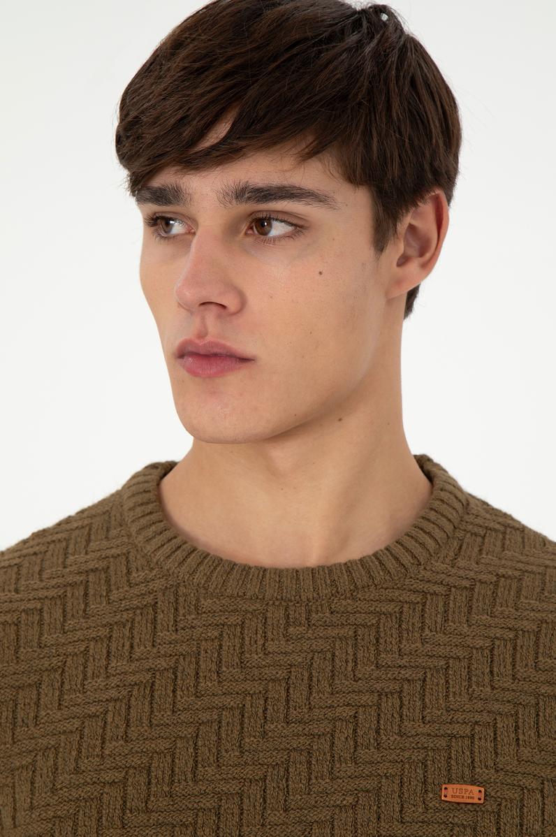 Erkek Slim Fit Bisiklet Yaka Haki Kazak