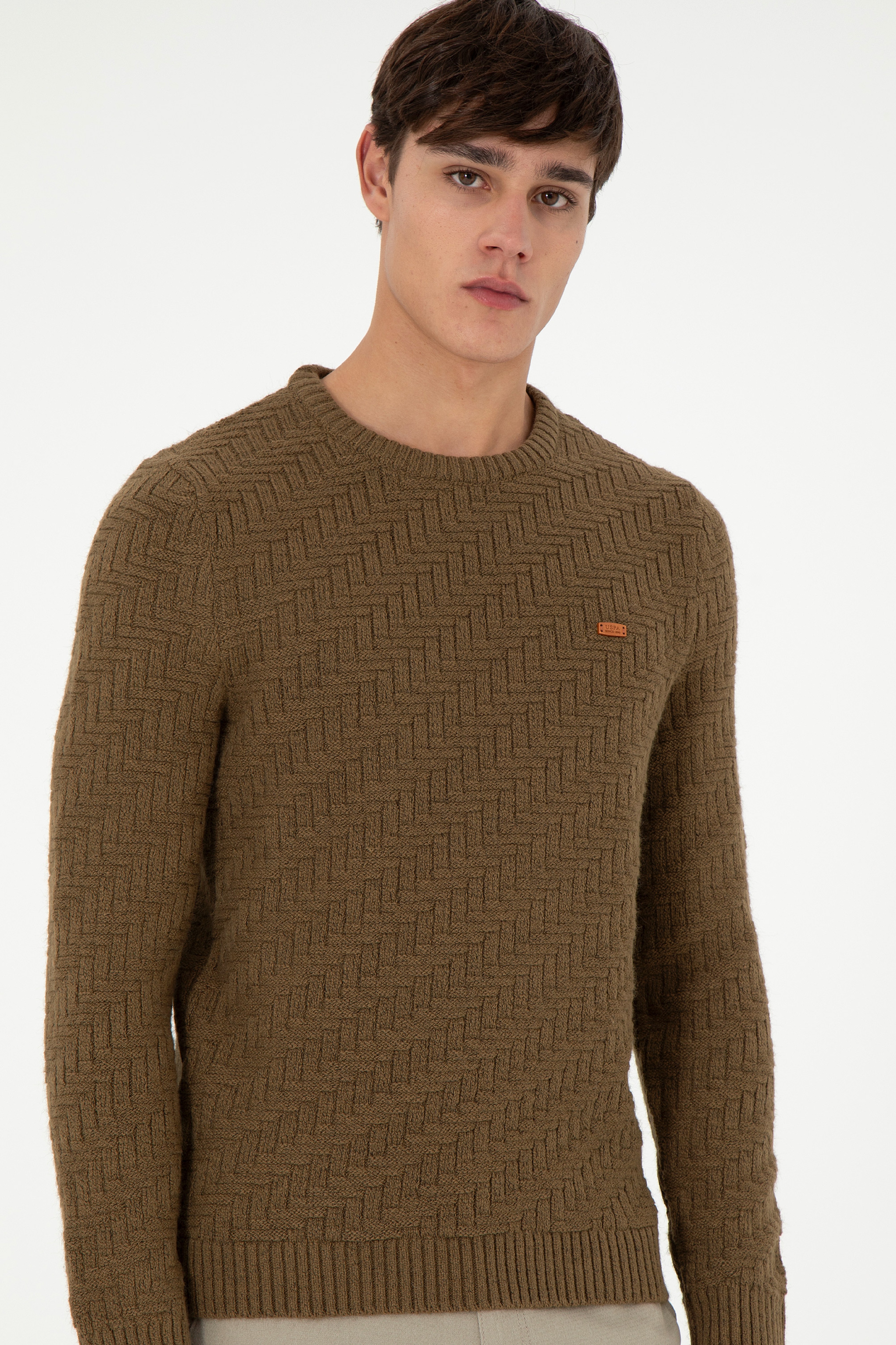 Erkek Slim Fit Bisiklet Yaka Haki Kazak - Image 3