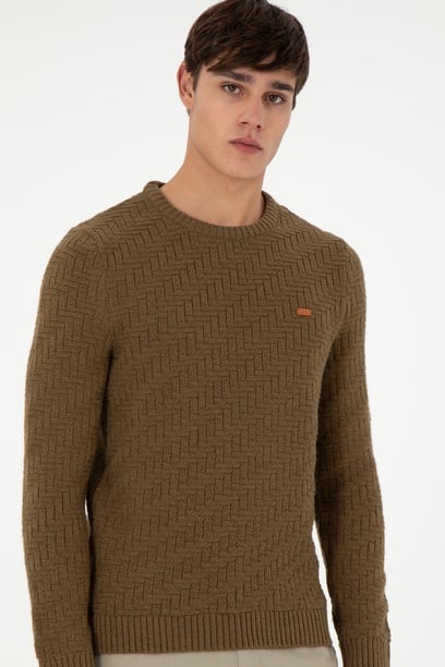Erkek Slim Fit Bisiklet Yaka Haki Kazak