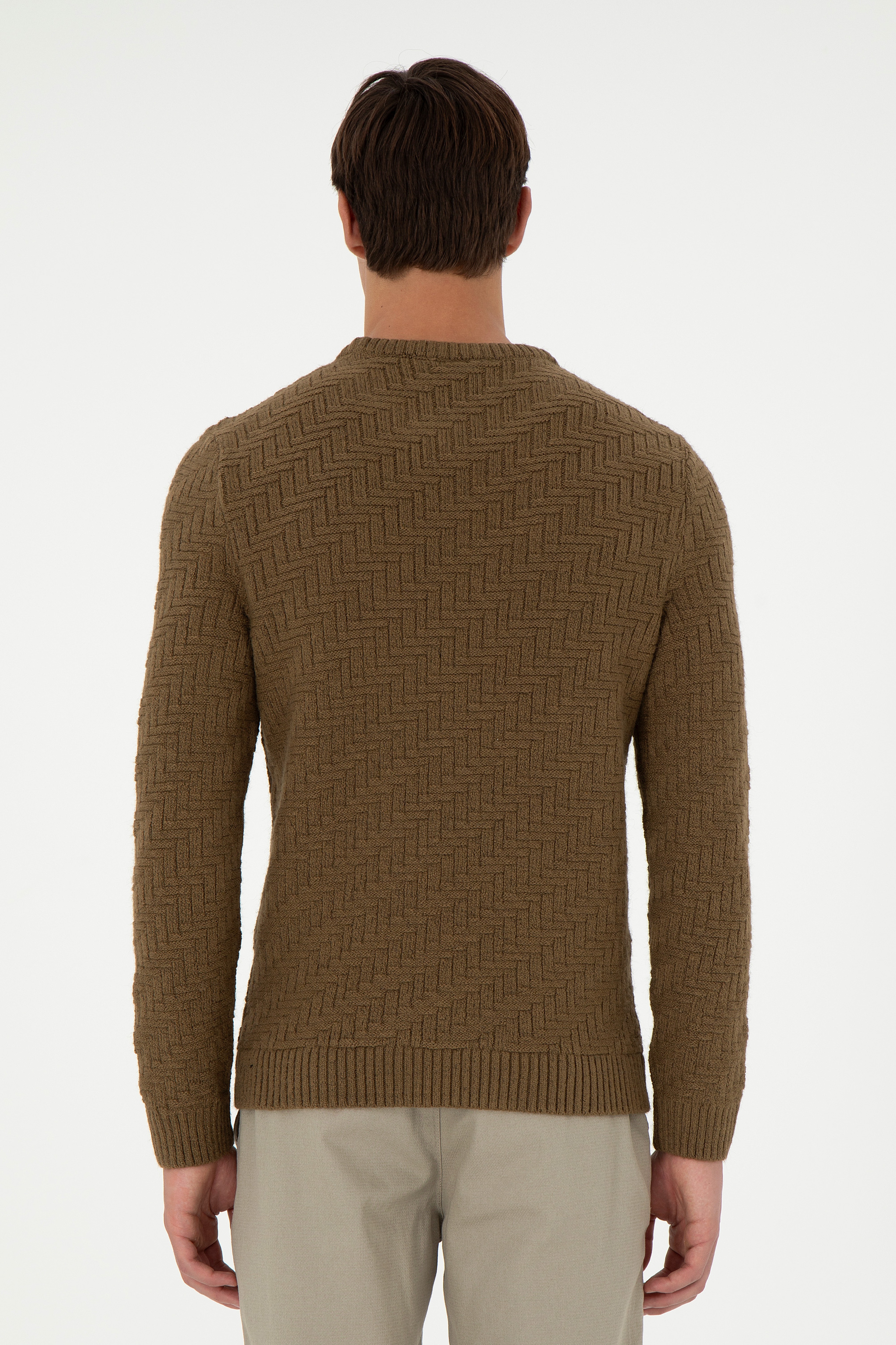 Erkek Slim Fit Bisiklet Yaka Haki Kazak