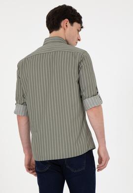 Erkek Beyaz Çizgili Haki Gömlek - 50296617005
