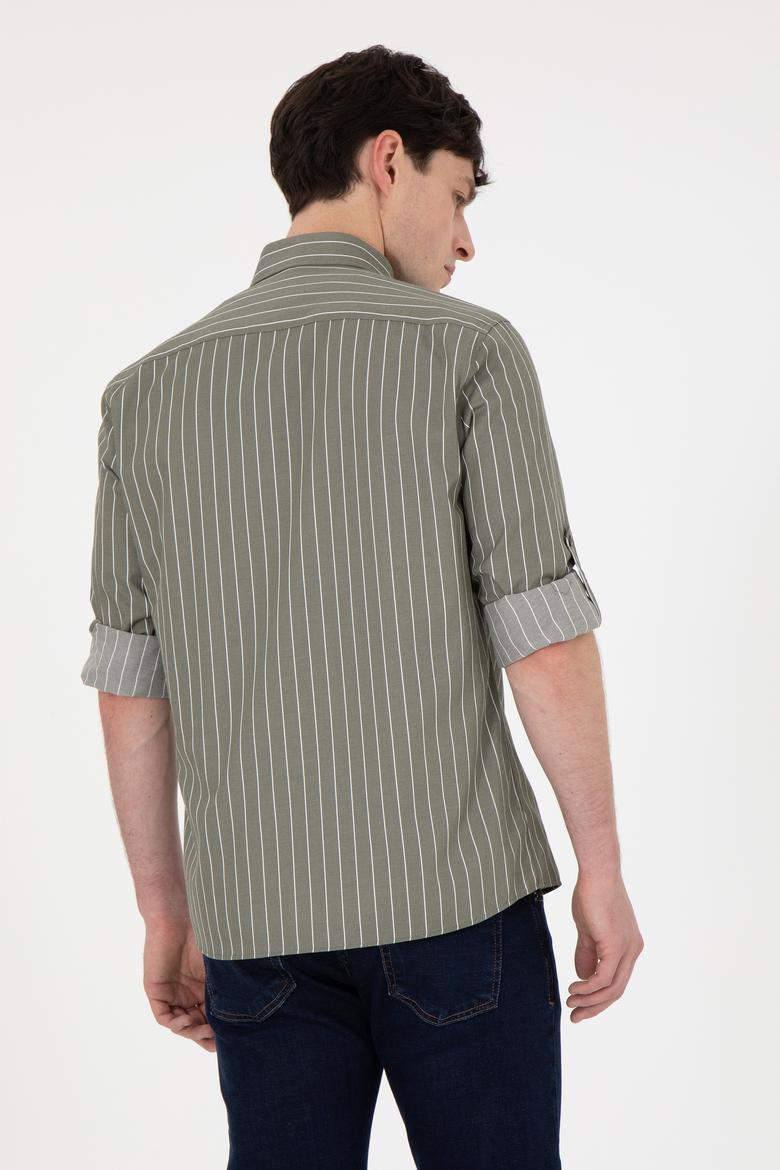 Erkek Beyaz Çizgili Haki Gömlek - 50296617005