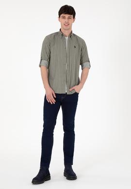 Erkek Beyaz Çizgili Haki Gömlek - 50296617005