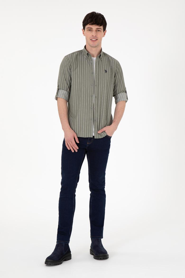 Erkek Beyaz Çizgili Haki Gömlek - 50296617005