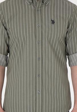 Erkek Beyaz Çizgili Haki Gömlek - 50296617005