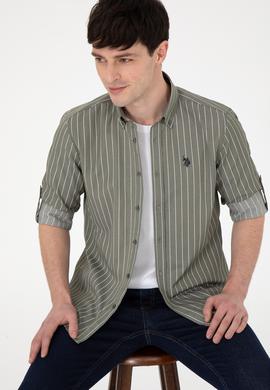 Erkek Beyaz Çizgili Haki Gömlek - 50296617005