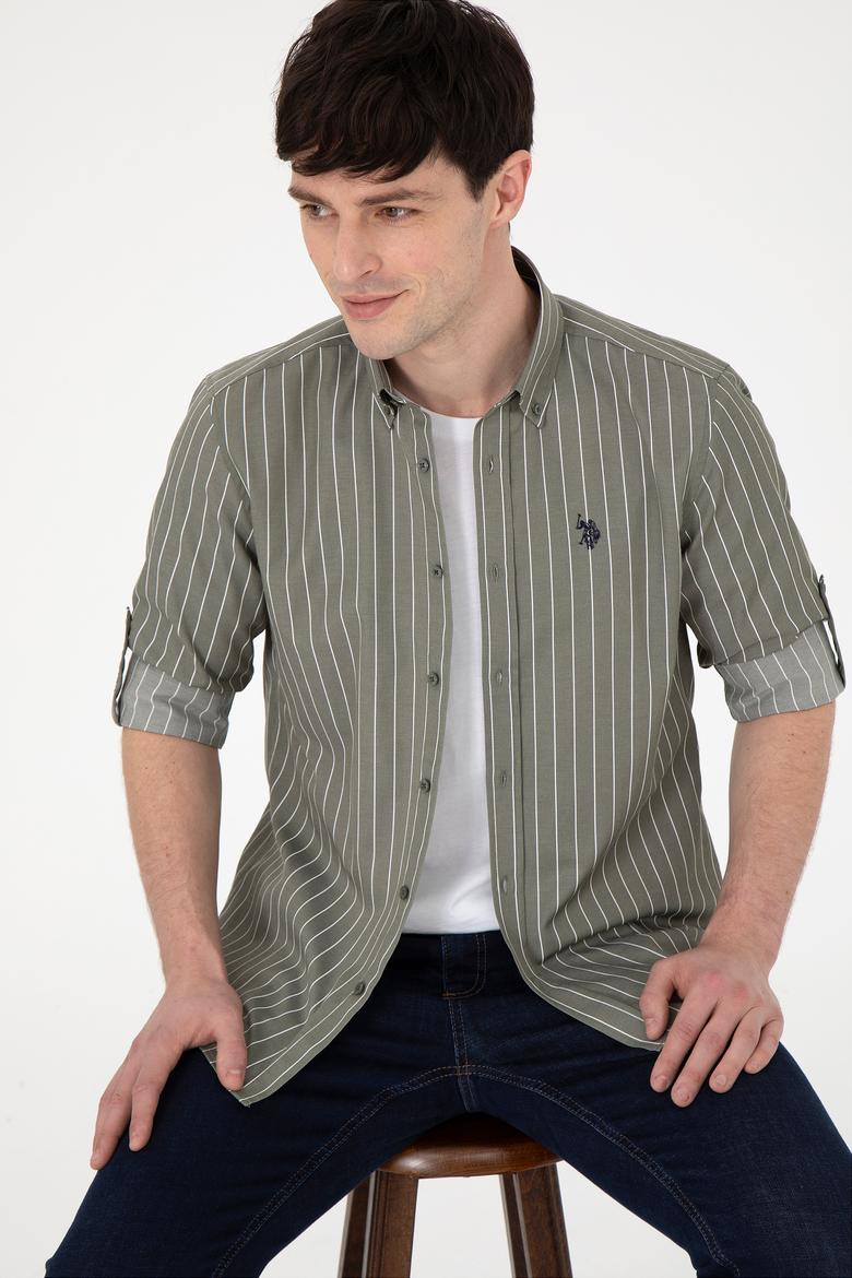 Erkek Beyaz Çizgili Haki Gömlek - 50296617005