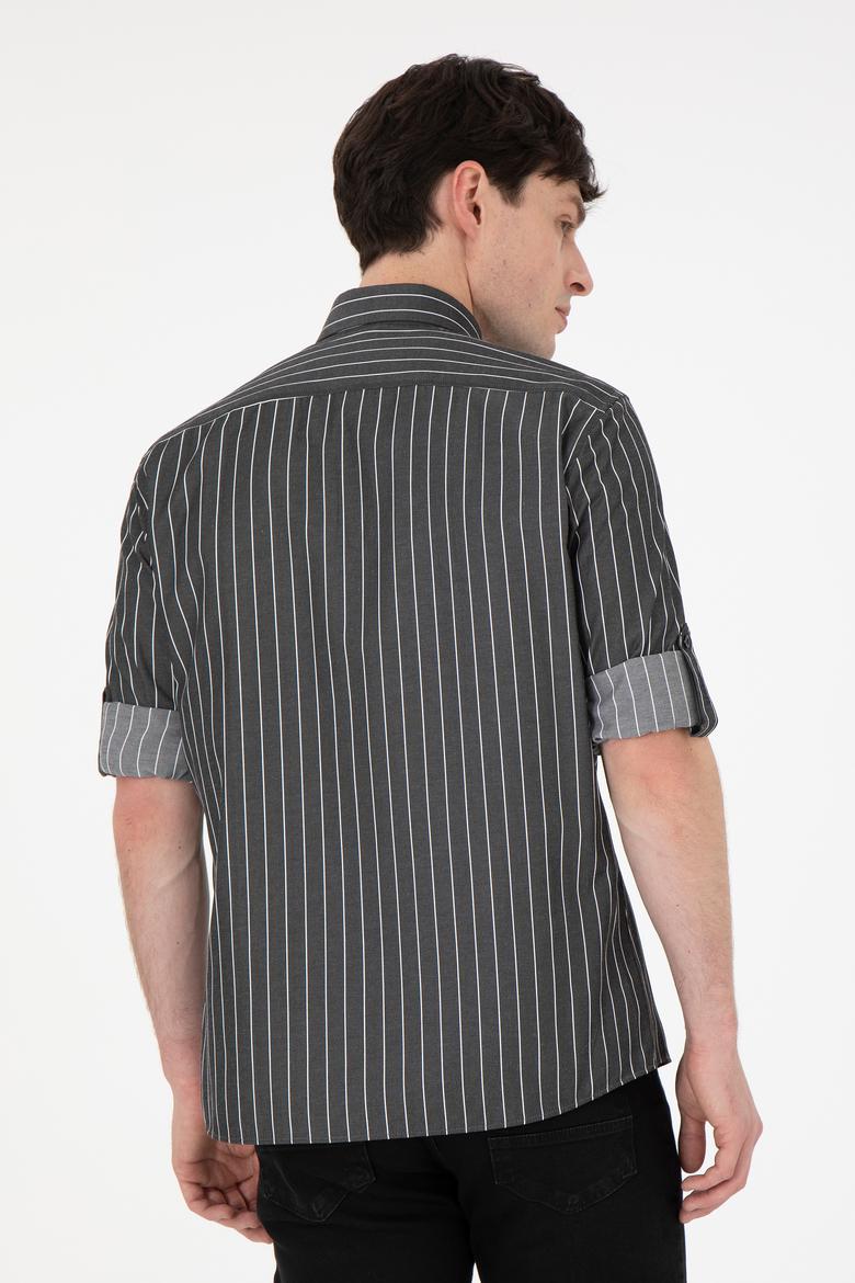 Erkek Beyaz Çizgili Siyah Gömlek - 50296617024