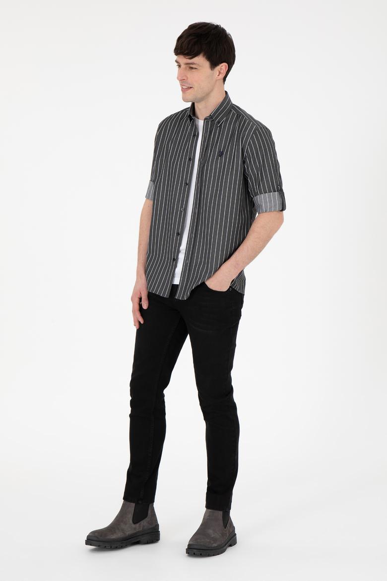 Erkek Beyaz Çizgili Siyah Gömlek - 50296617024