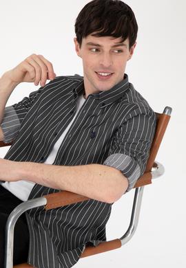 Erkek Beyaz Çizgili Siyah Gömlek - 50296617024