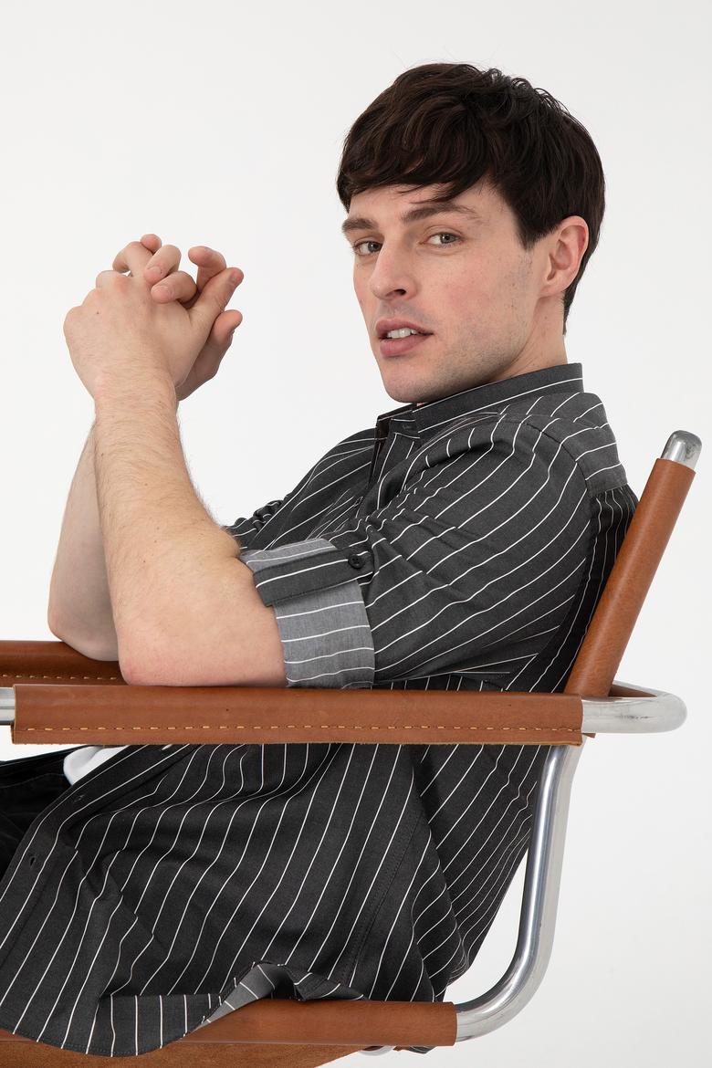 Erkek Beyaz Çizgili Siyah Gömlek - 50296617024