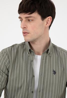 Erkek Beyaz Çizgili Haki Gömlek - 50296617005