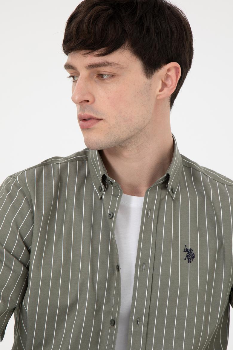Erkek Beyaz Çizgili Haki Gömlek - 50296617005