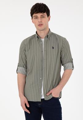 Erkek Beyaz Çizgili Haki Gömlek - 50296617005