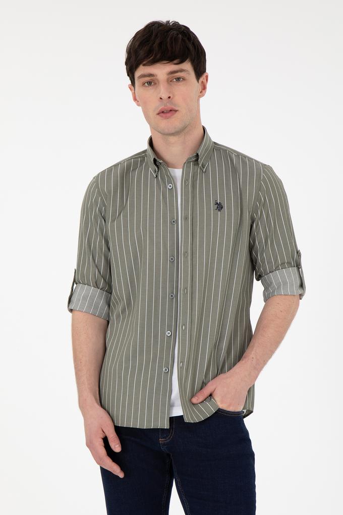 Erkek Beyaz Çizgili Haki Gömlek
