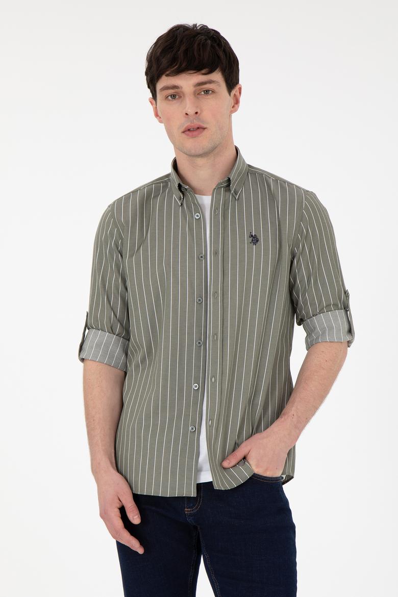 Erkek Beyaz Çizgili Haki Gömlek