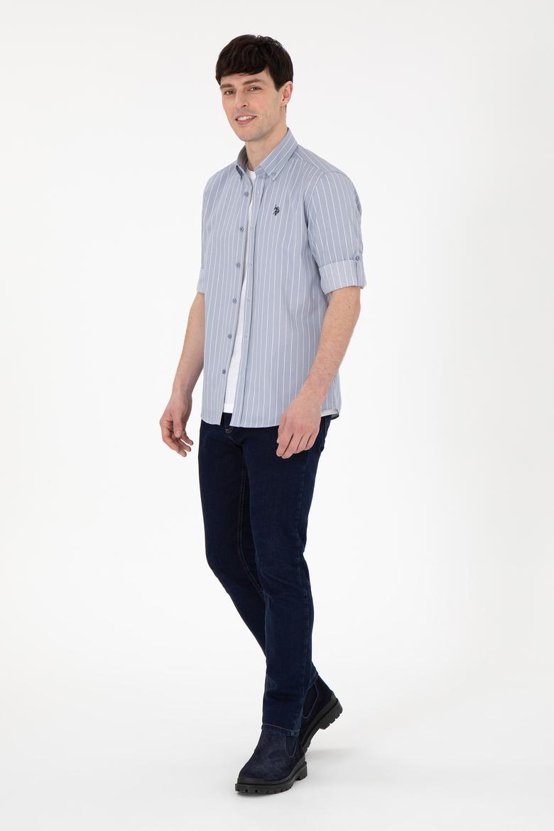 Erkek Beyaz Çizgili Gri Gömlek - 50296617018