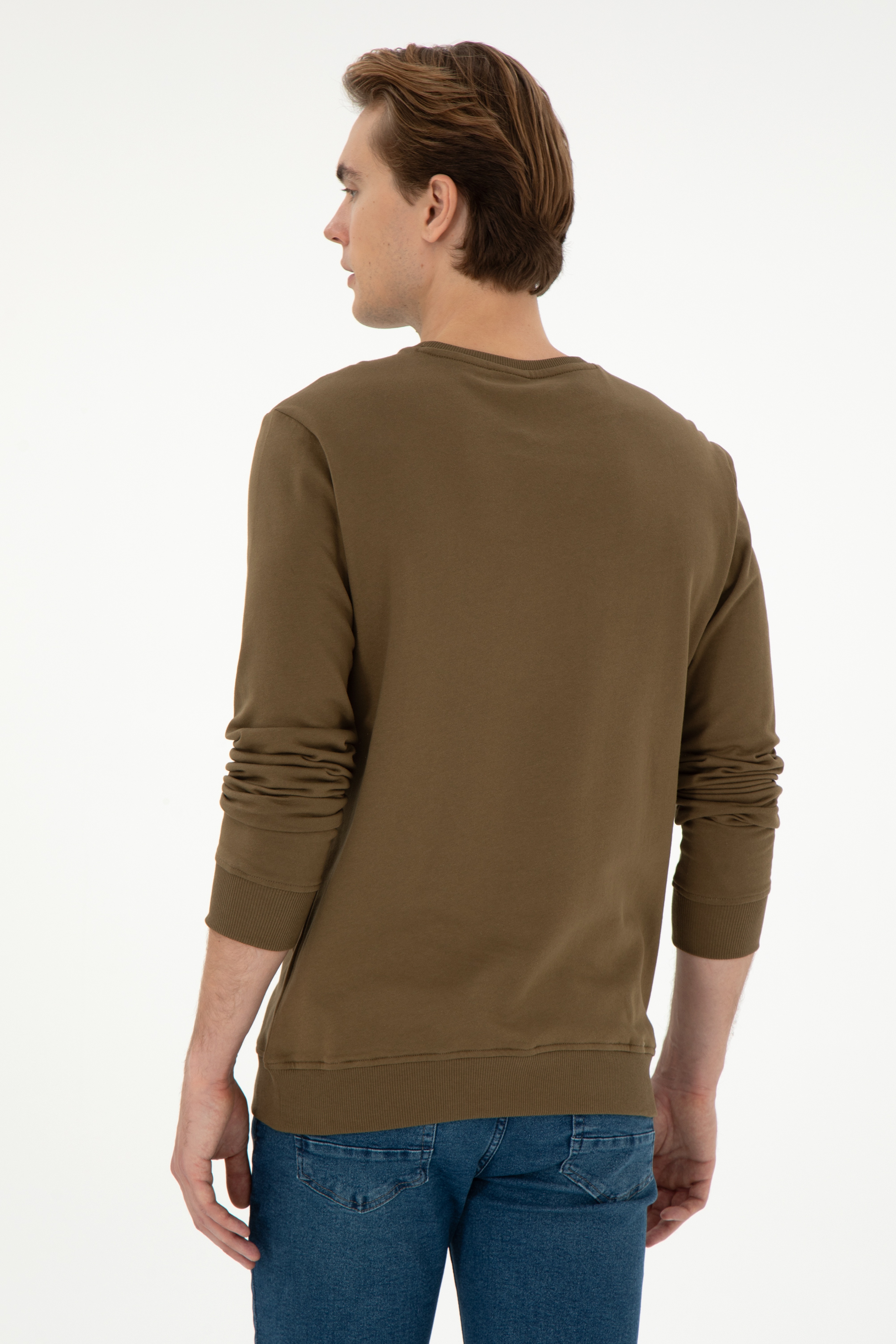 Erkek Regular Fit Bisiklet Yaka Haki Sweatshirt - Image 5