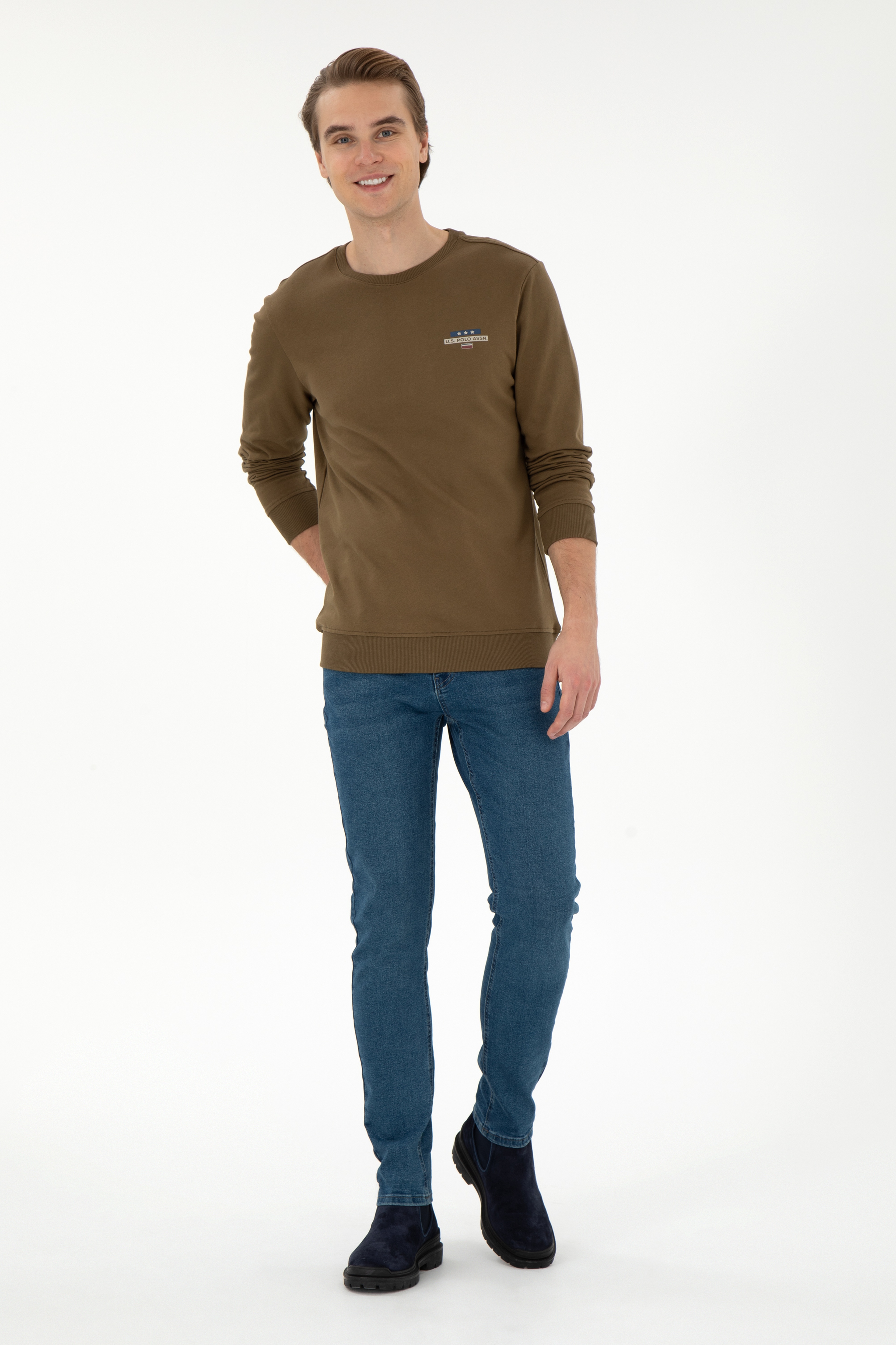 Erkek Regular Fit Bisiklet Yaka Haki Sweatshirt