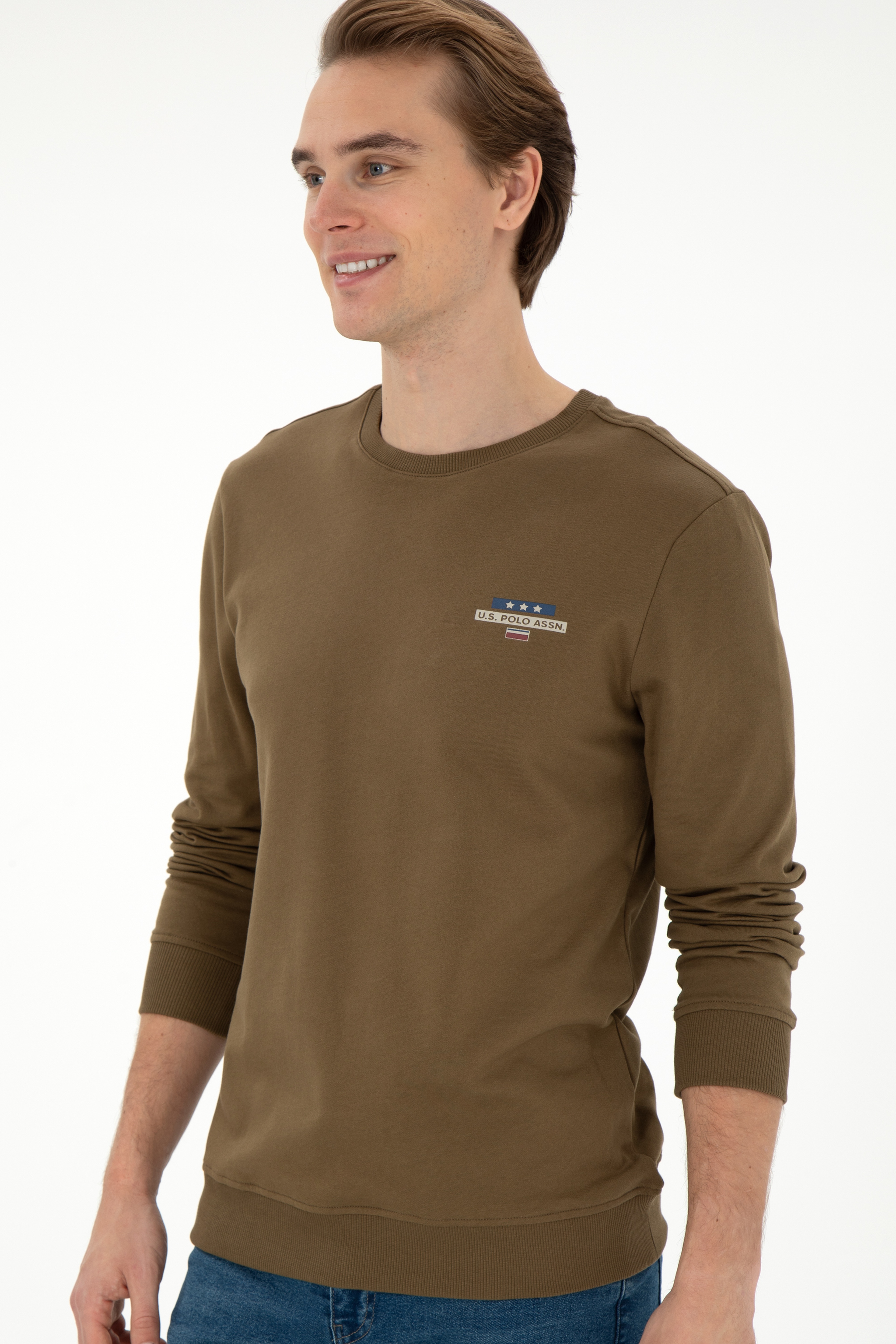 Erkek Regular Fit Bisiklet Yaka Haki Sweatshirt - Image 3