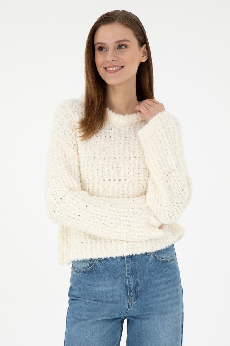 Kadın Krem Bisiklet Yaka Kazak