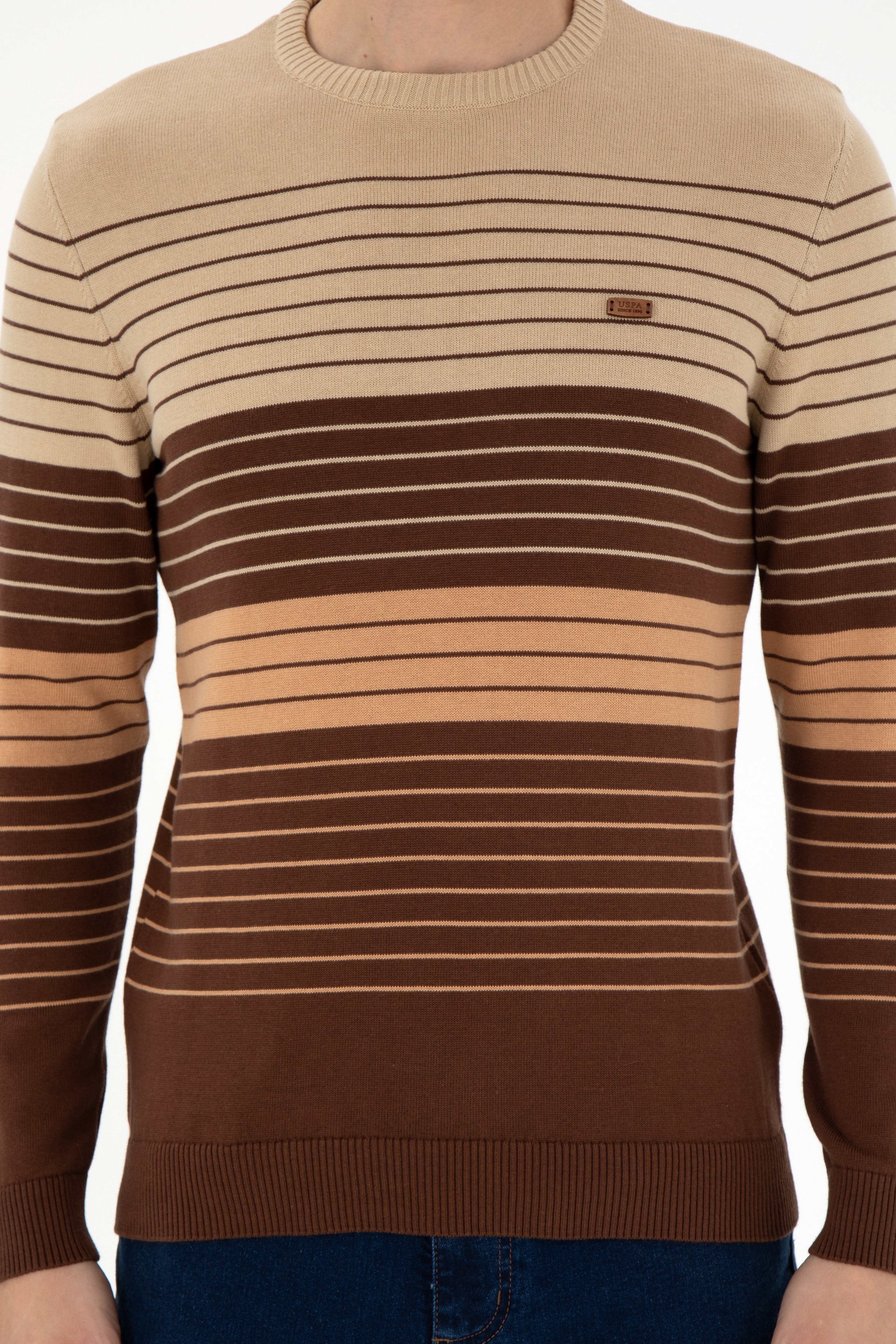 Erkek Slim Fit Bisiklet Yaka Kahverengi Kazak