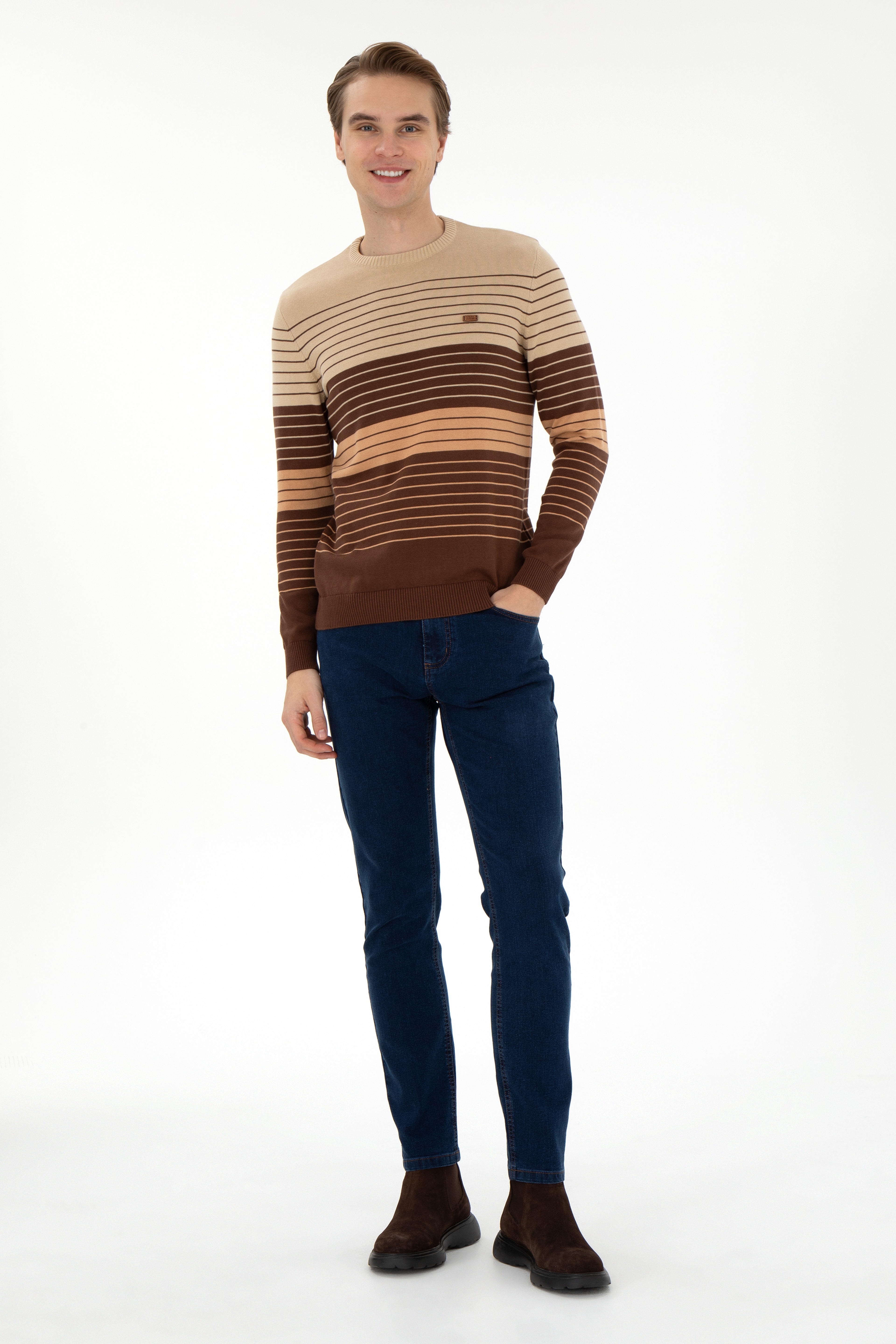 Erkek Slim Fit Bisiklet Yaka Kahverengi Kazak - Image 4