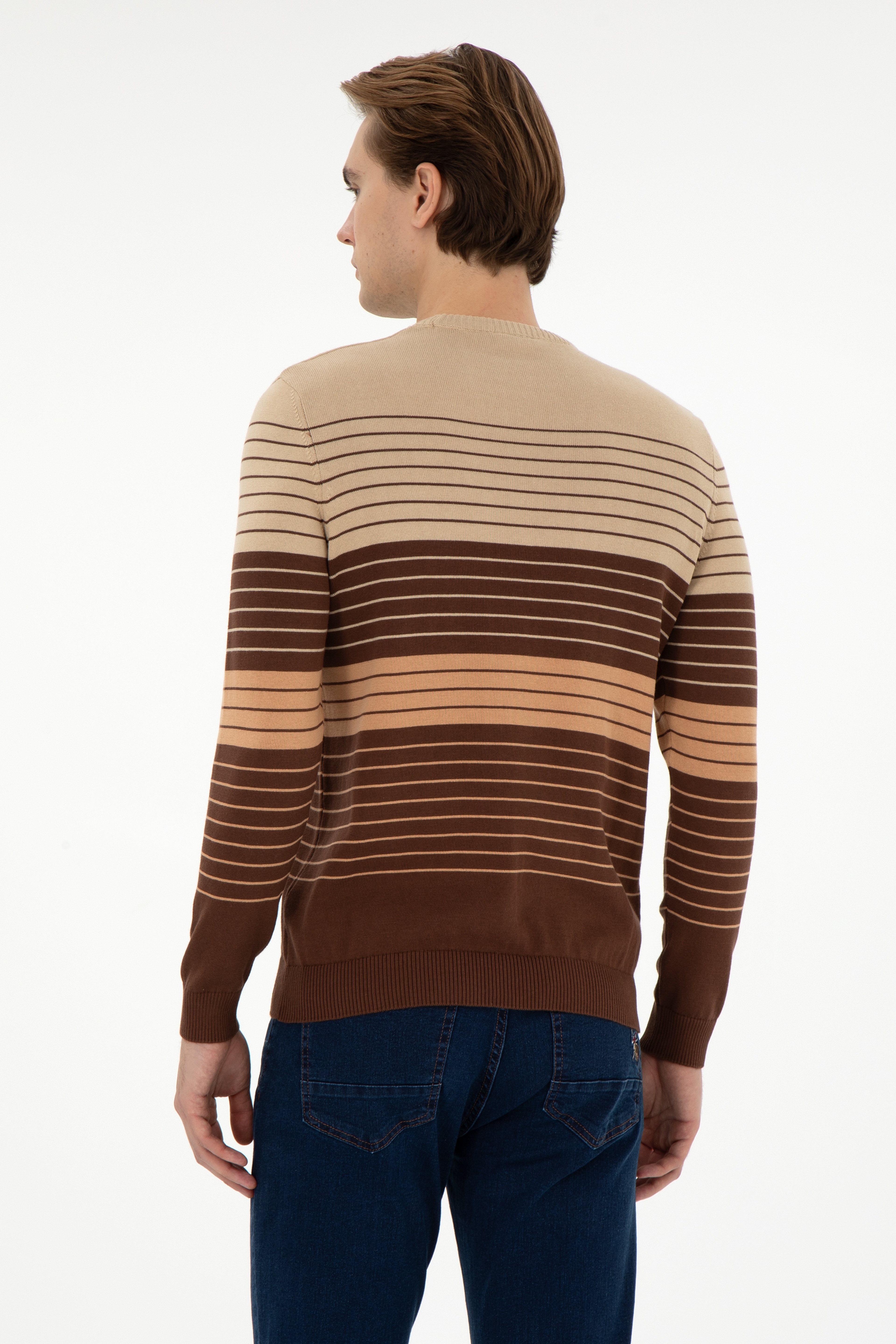 Erkek Slim Fit Bisiklet Yaka Kahverengi Kazak