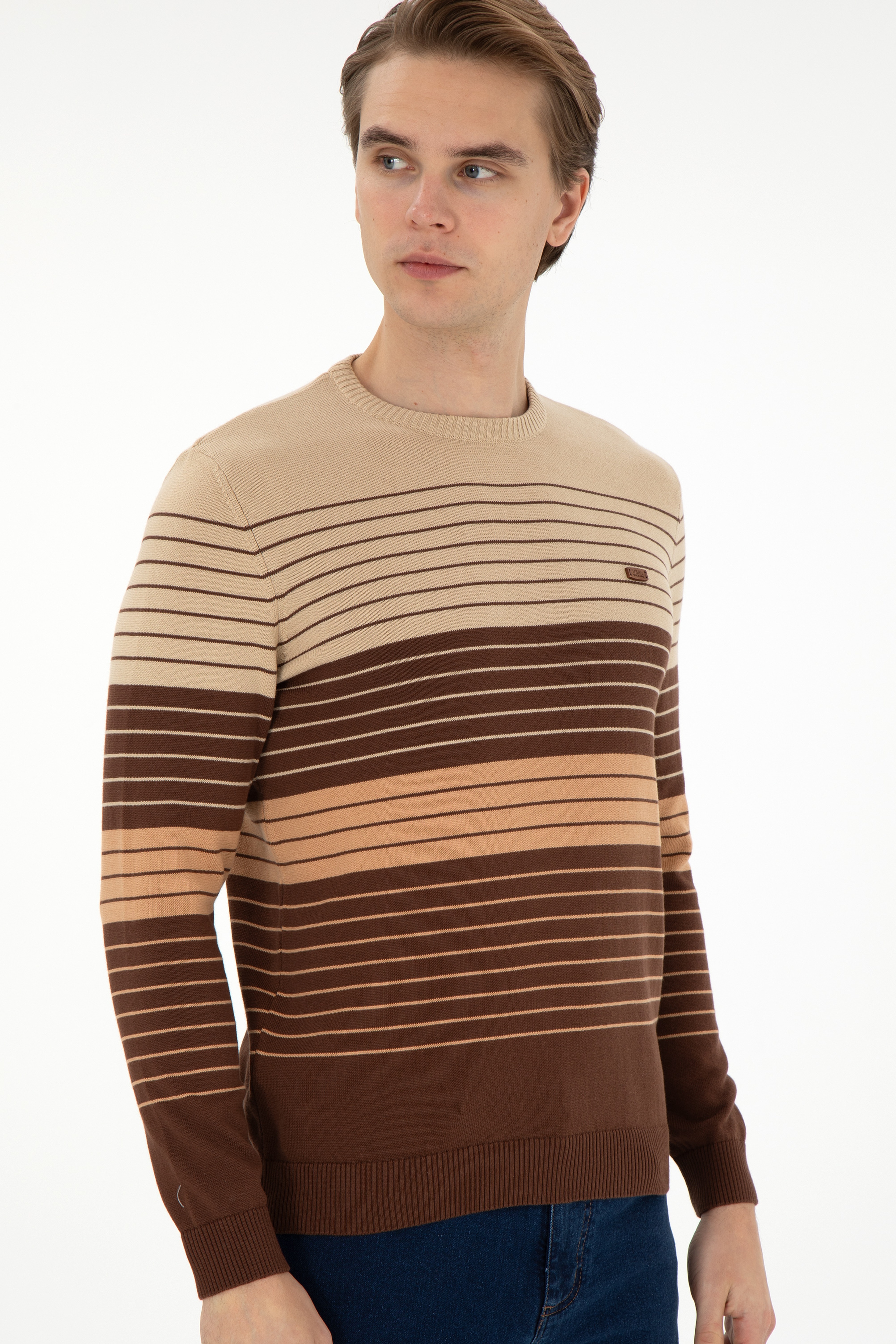 Erkek Slim Fit Bisiklet Yaka Kahverengi Kazak