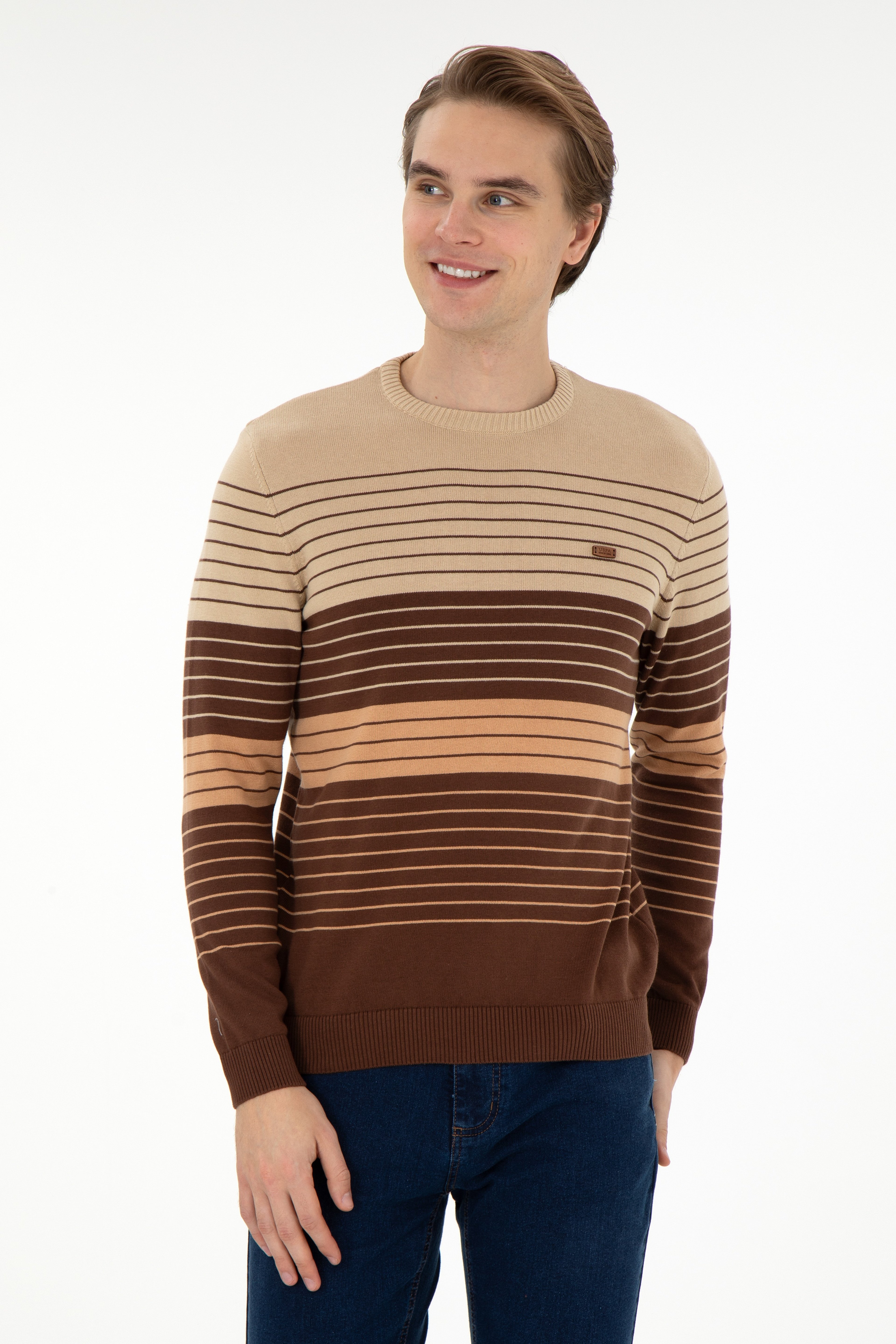 Erkek Slim Fit Bisiklet Yaka Kahverengi Kazak - Image 1