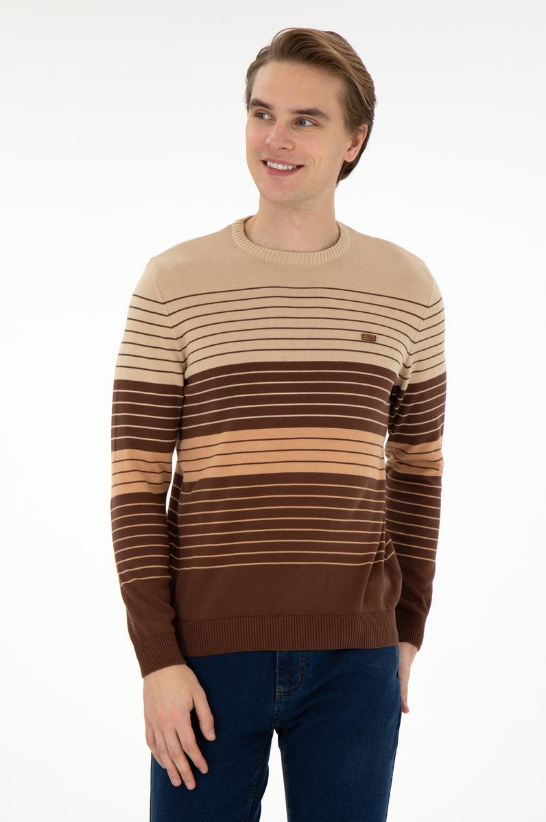 Erkek Slim Fit Bisiklet Yaka Kahverengi Kazak