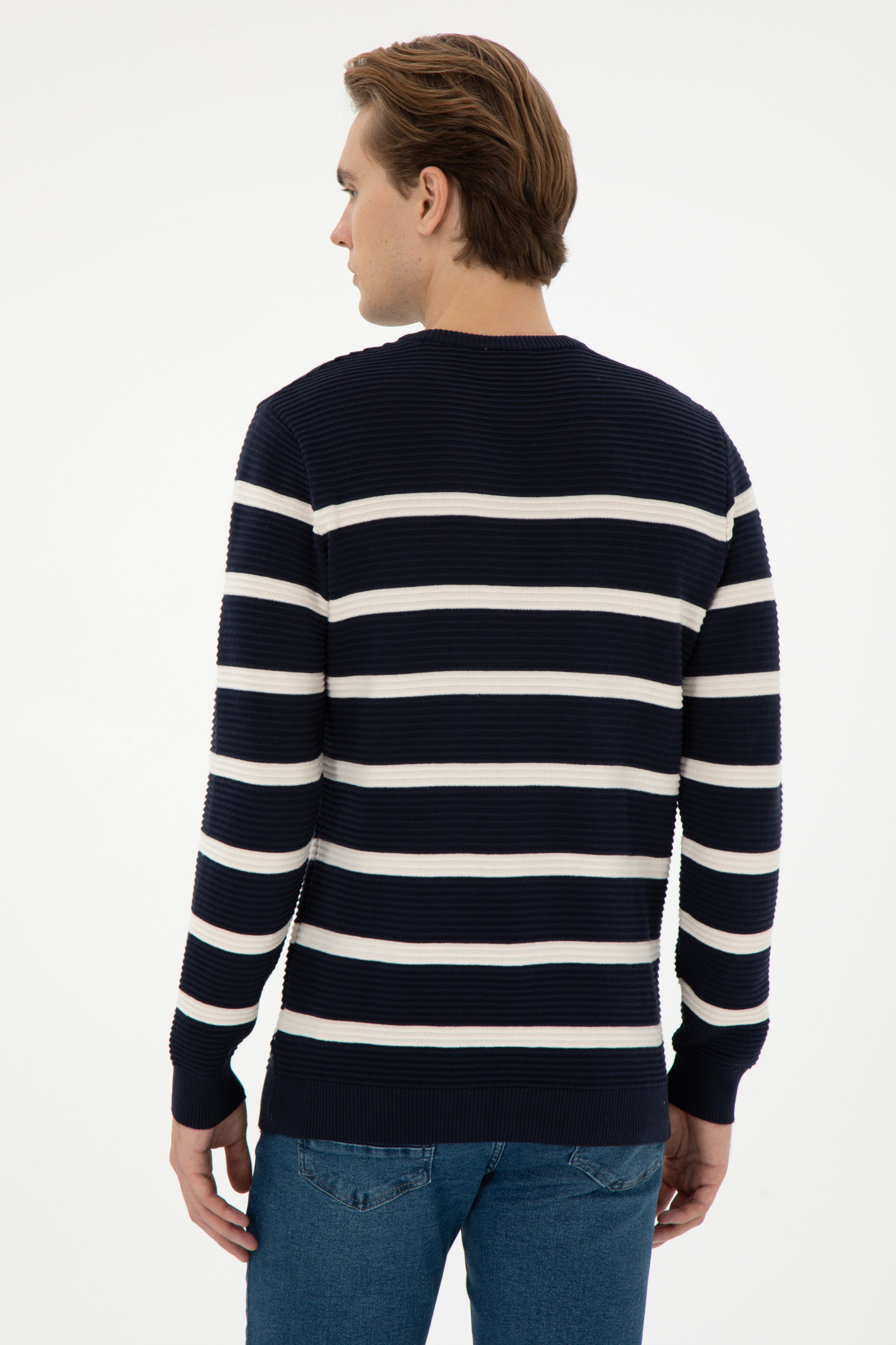 Erkek Slim Fit Bisiklet Yaka Lacivert Kazak - Image 5