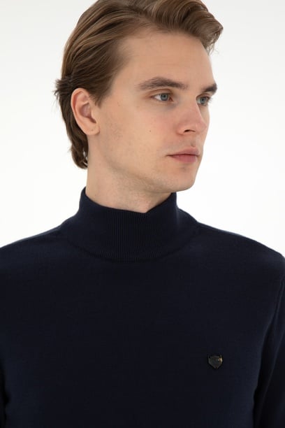 Erkek Slim Fit Yarım Balıkçı Yaka Lacivert Basic Kazak