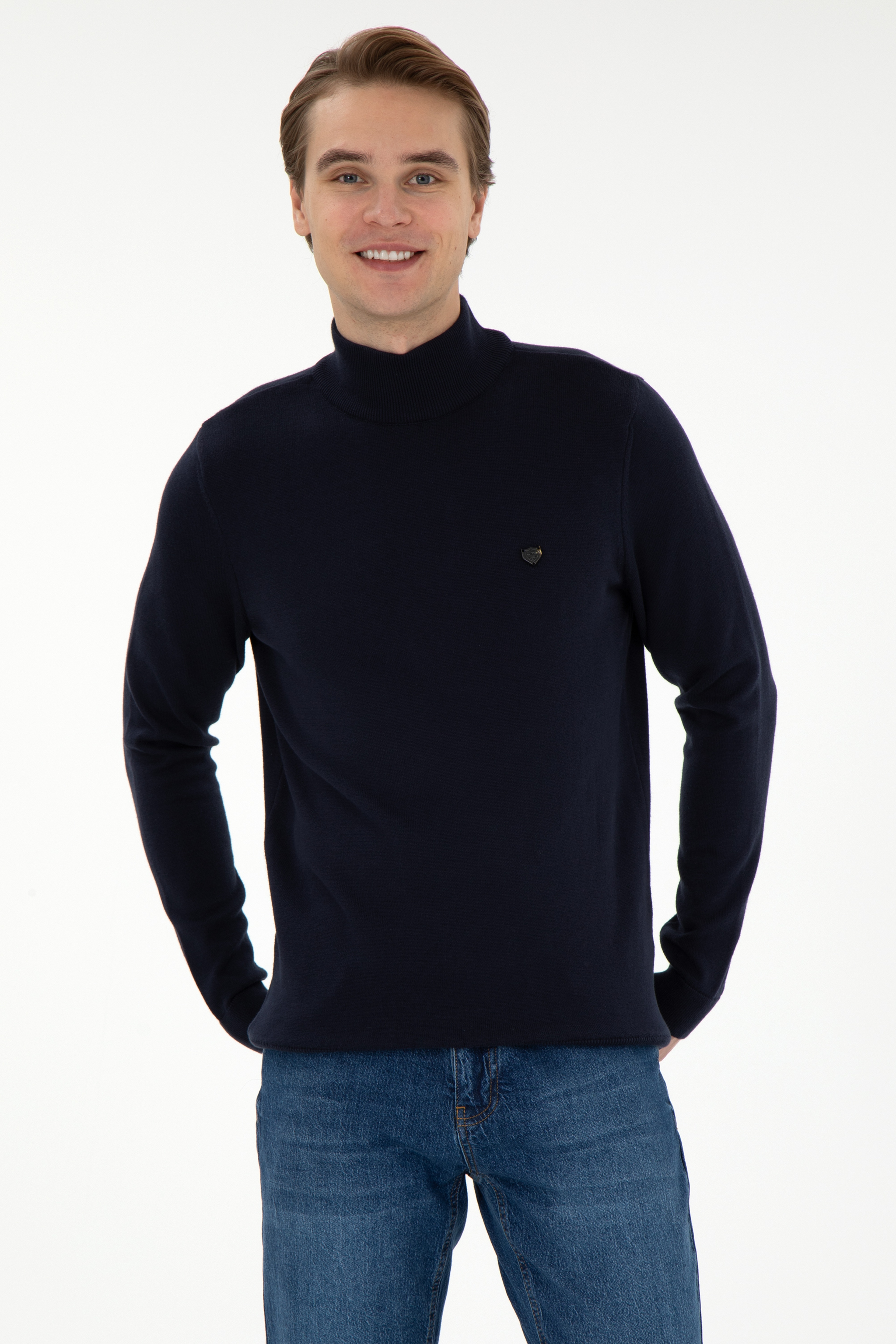 Erkek Slim Fit Yarım Balıkçı Yaka Lacivert Basic Kazak - Image 1