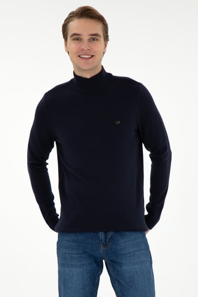 Erkek Slim Fit Yarım Balıkçı Yaka Lacivert Basic Kazak