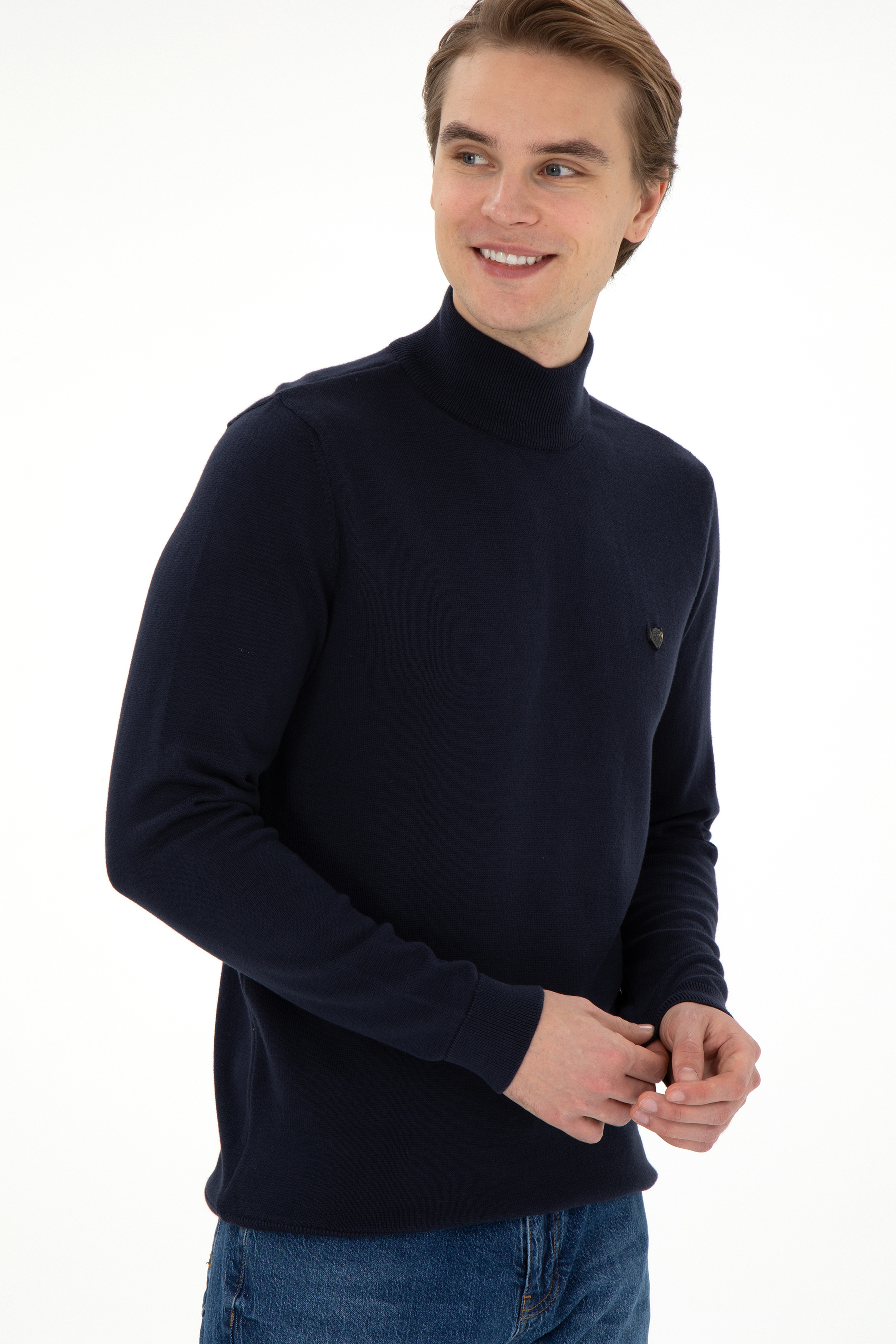 Erkek Slim Fit Yarım Balıkçı Yaka Lacivert Basic Kazak - Image 3