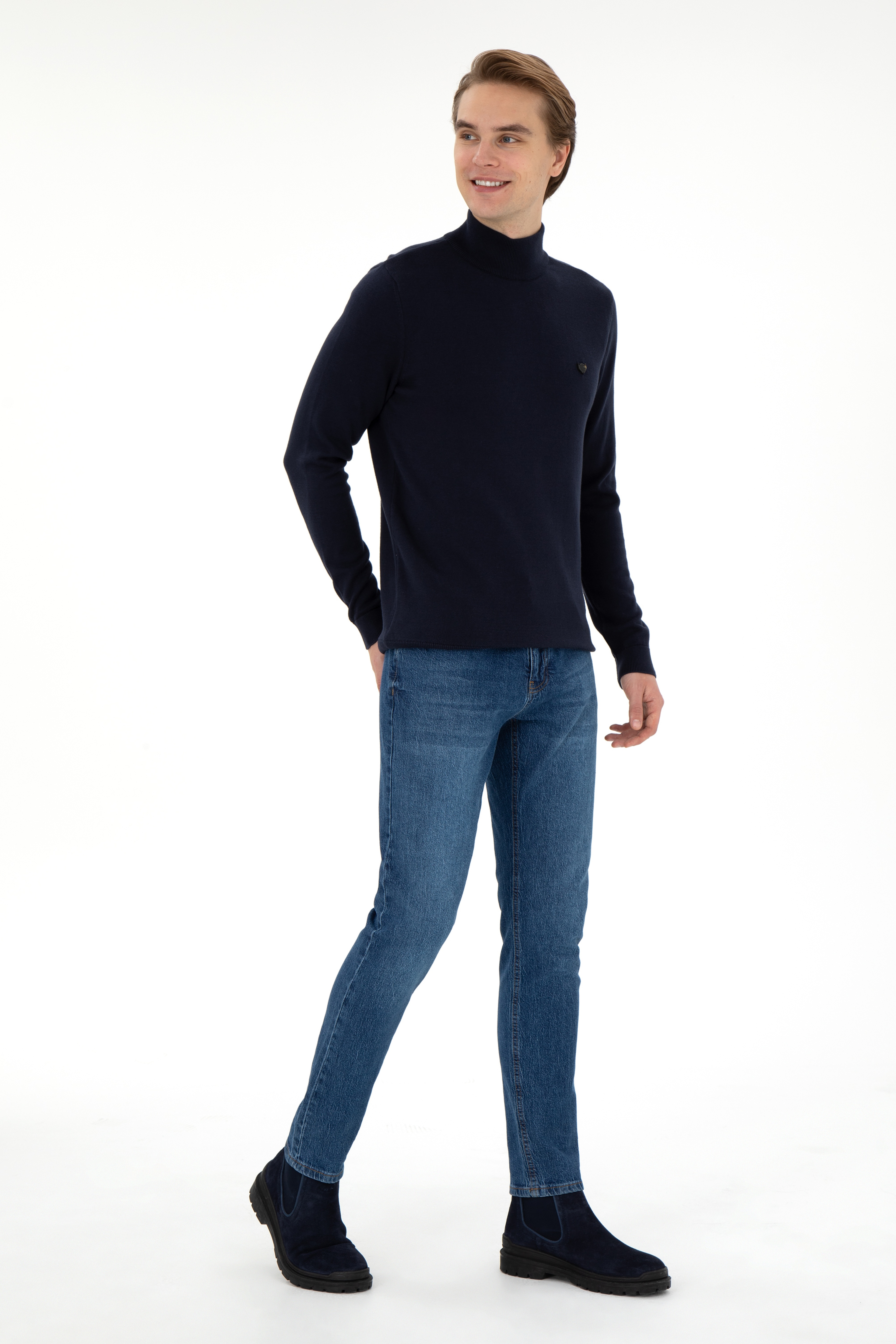 Erkek Slim Fit Yarım Balıkçı Yaka Lacivert Basic Kazak