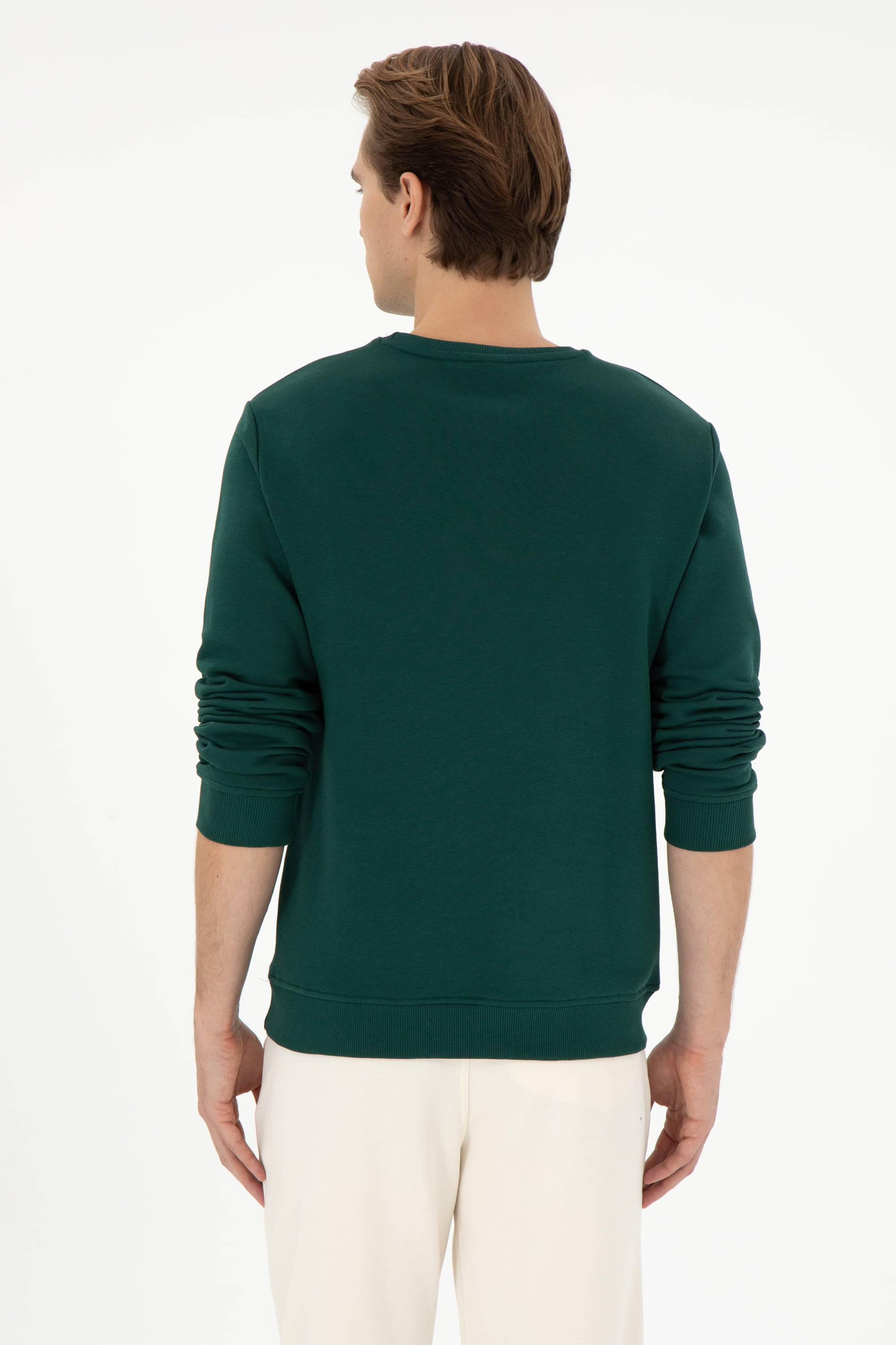 Erkek Regular Fit Bisiklet Yaka Koyu Yeşil Sweatshirt