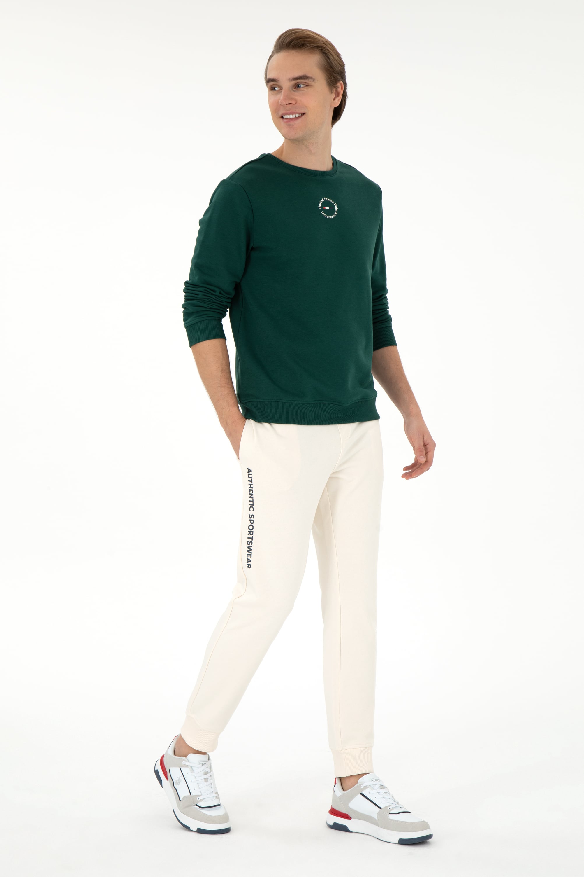 Erkek Regular Fit Bisiklet Yaka Koyu Yeşil Sweatshirt