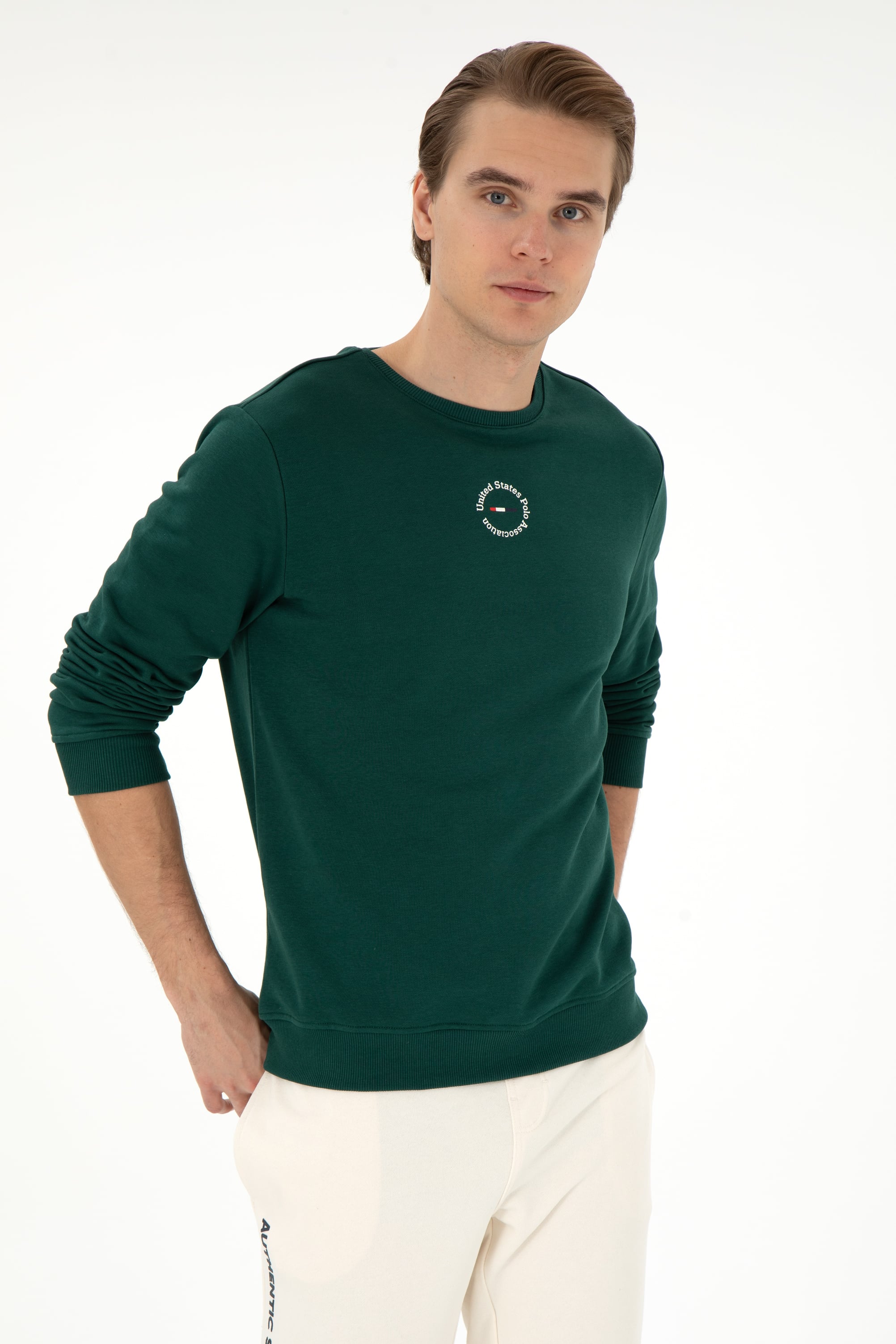 Erkek Regular Fit Bisiklet Yaka Koyu Yeşil Sweatshirt - Image 1