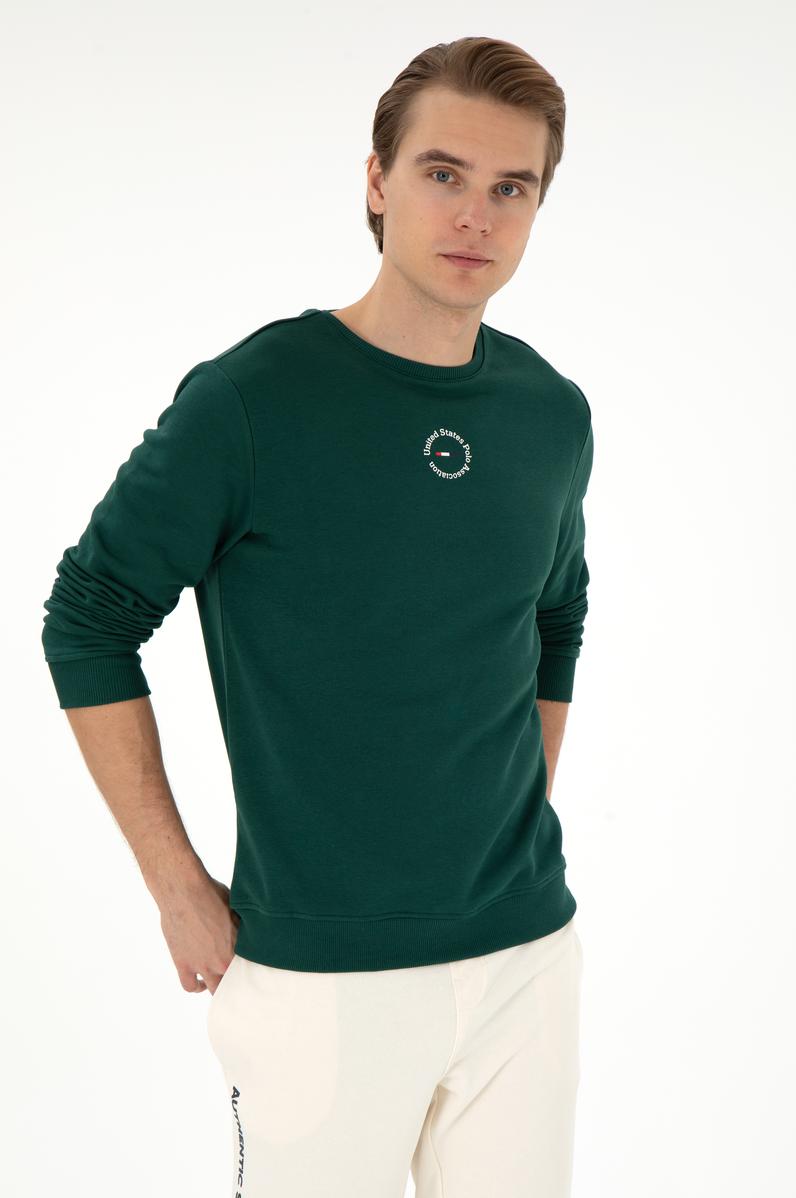Erkek Regular Fit Bisiklet Yaka Koyu Yeşil Sweatshirt