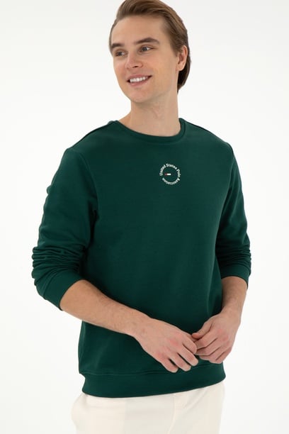 Erkek Regular Fit Bisiklet Yaka Koyu Yeşil Sweatshirt