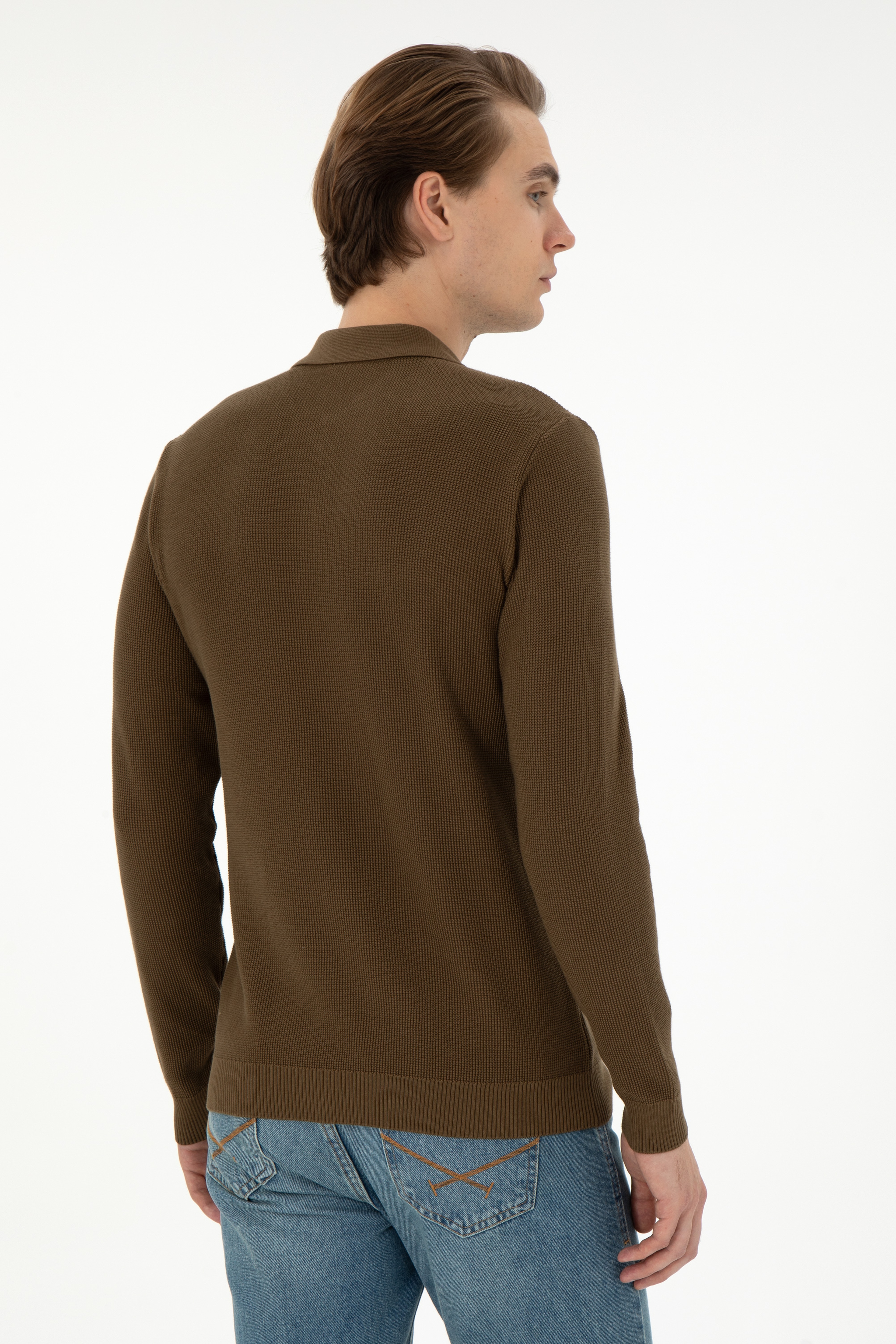 Erkek Regular Fit Yarım Fermuarlı Haki Basic Kazak