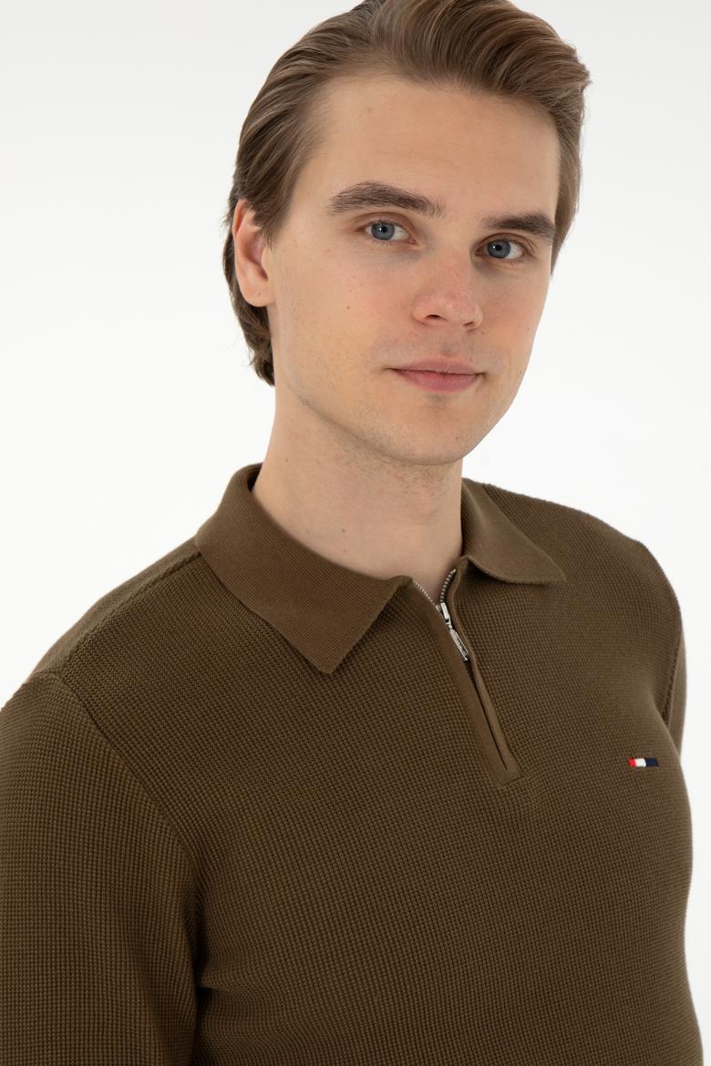 Erkek Regular Fit Yarım Fermuarlı Haki Basic Kazak - 50298266062