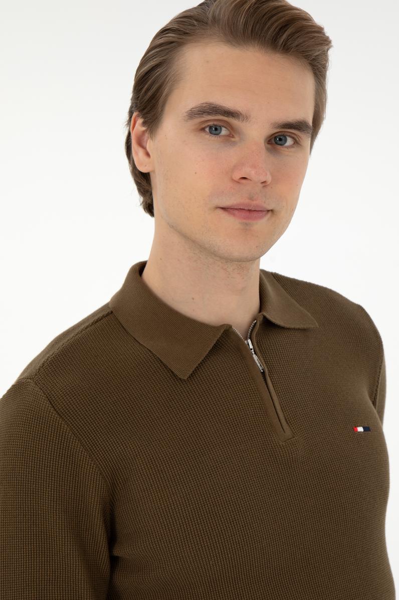 Erkek Regular Fit Yarım Fermuarlı Haki Basic Kazak