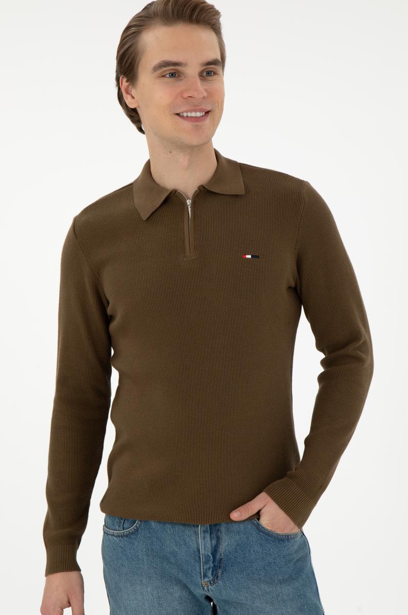 Erkek Regular Fit Yarım Fermuarlı Haki Basic Kazak