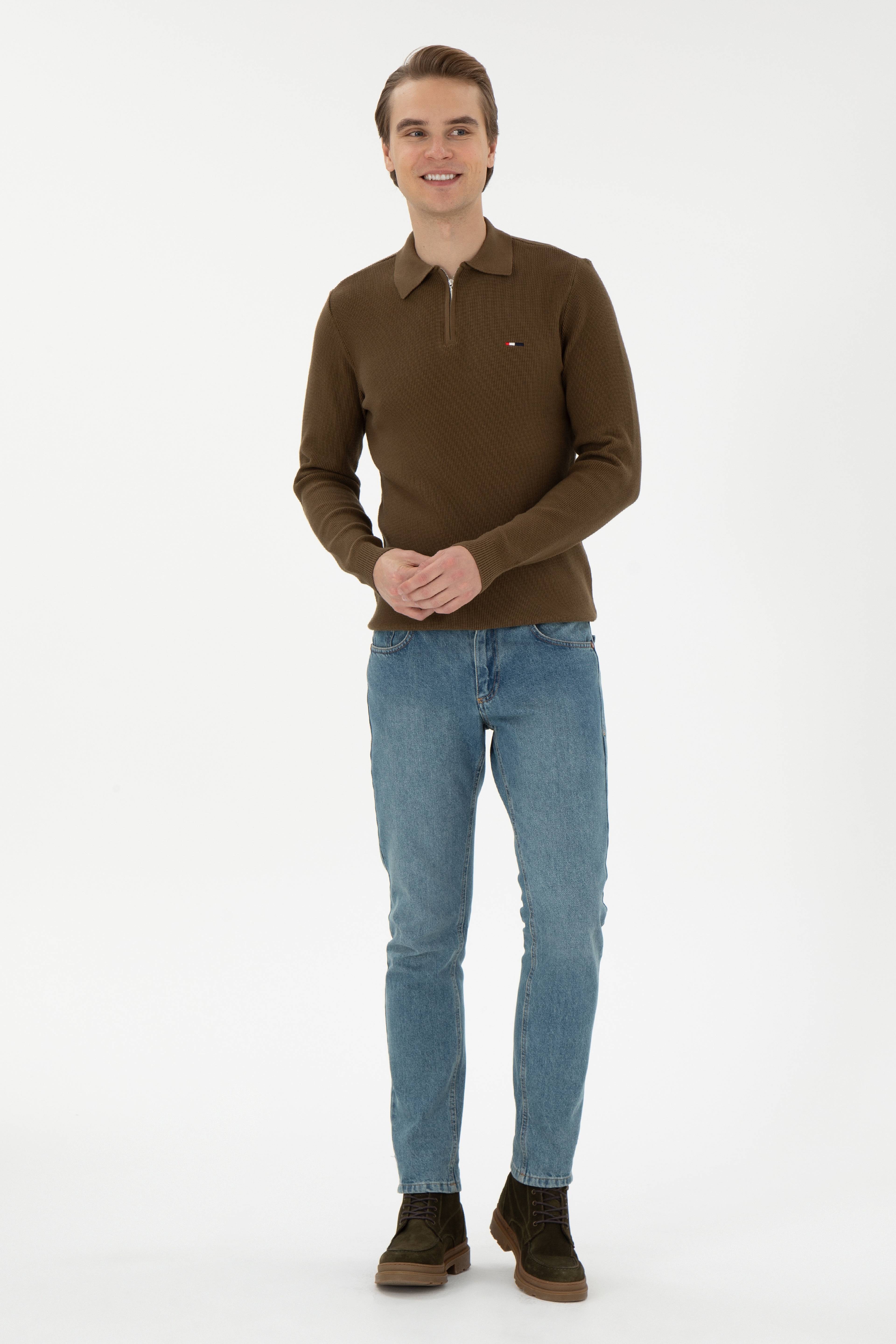 Erkek Regular Fit Yarım Fermuarlı Haki Basic Kazak