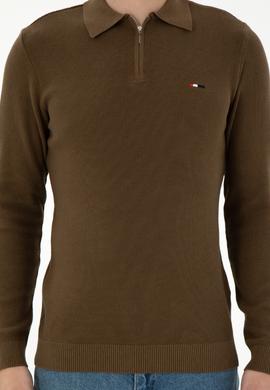 Erkek Regular Fit Yarım Fermuarlı Haki Basic Kazak - 50298266062