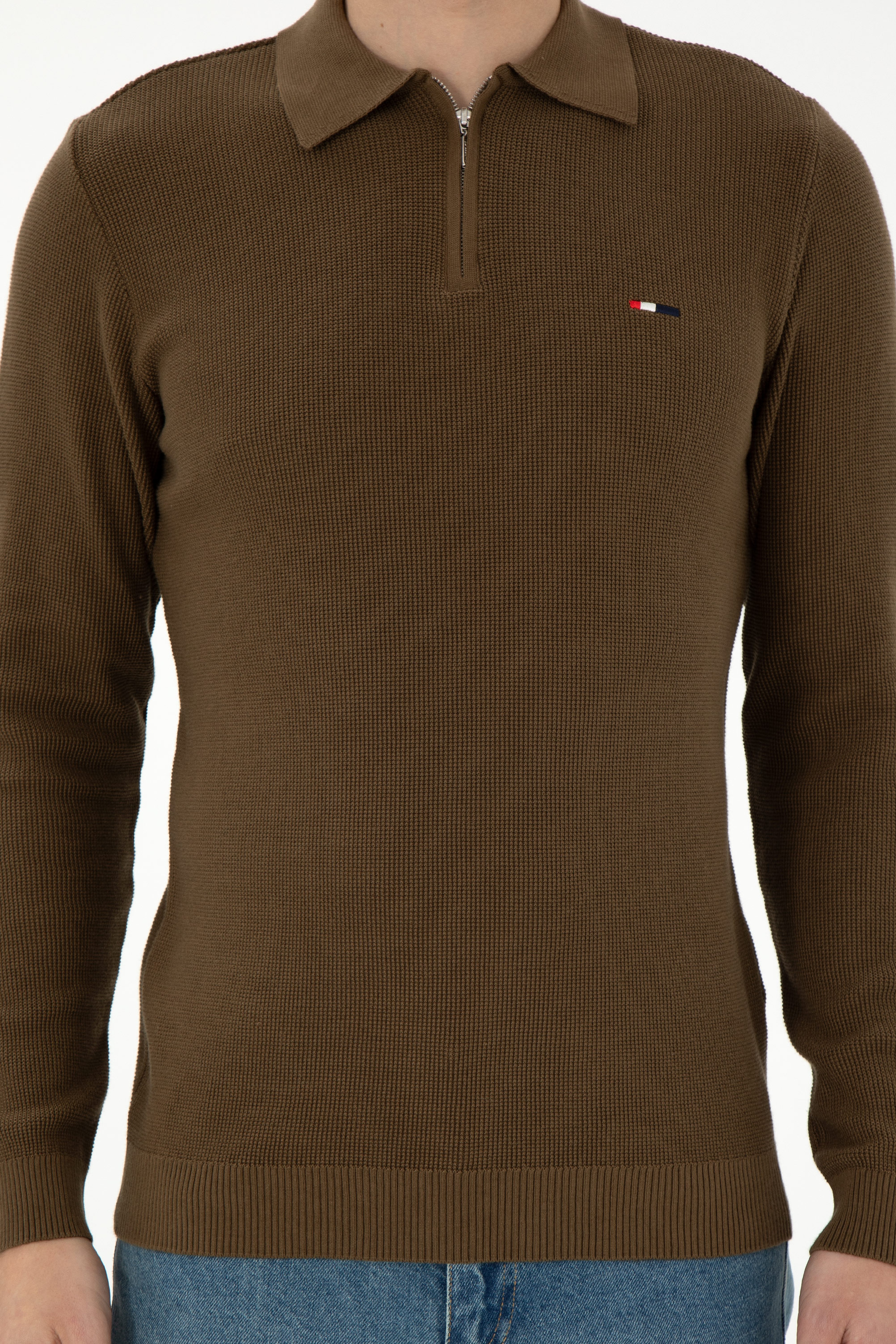 Erkek Regular Fit Yarım Fermuarlı Haki Basic Kazak - Image 6